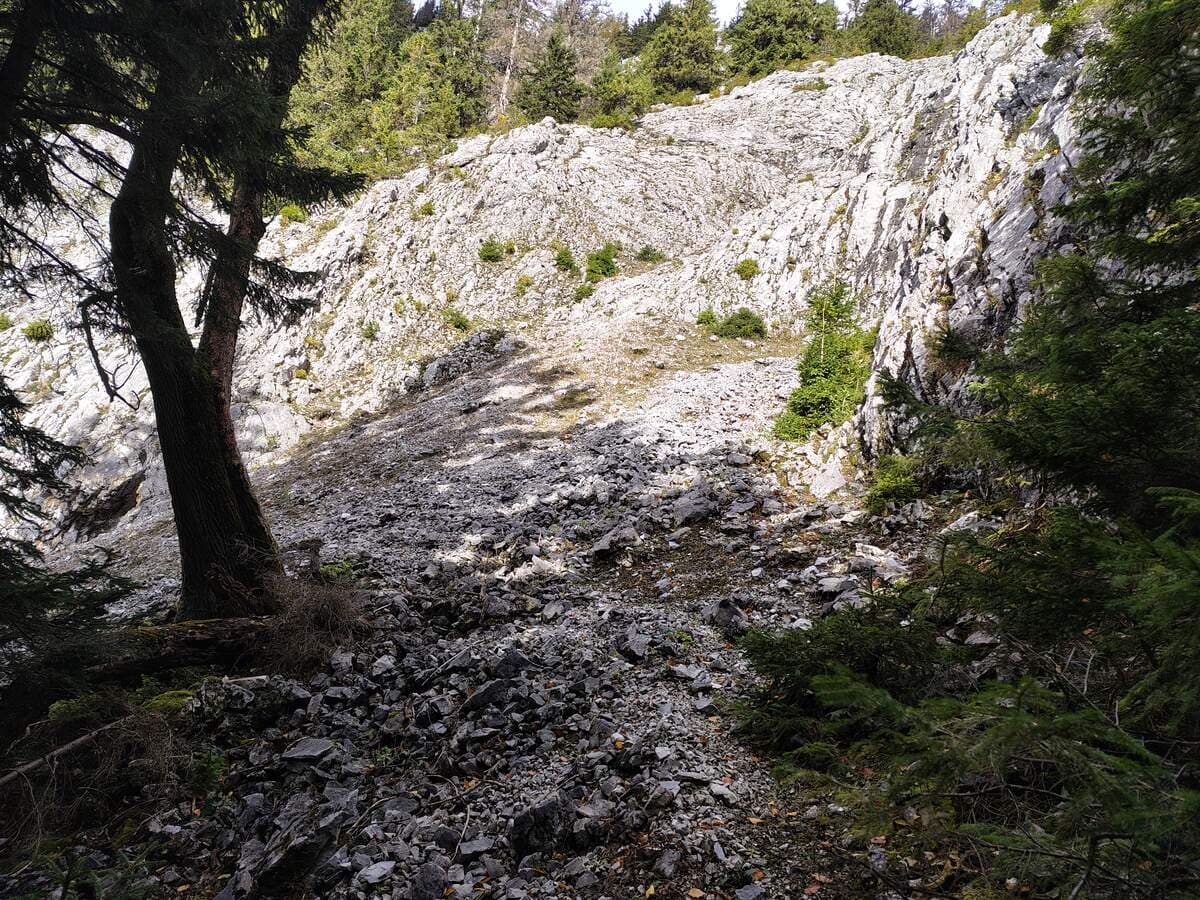 Felswand, vorne rechts die Rinne