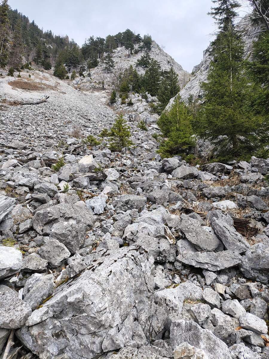 Links das Schuttfeld, rechts einbiegen